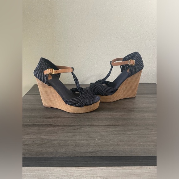 🪸 Tory Burch Carina Women's 7 1/2 Shoes Blue Brown Straw Wedge Platform … - Picture 2 of 4
